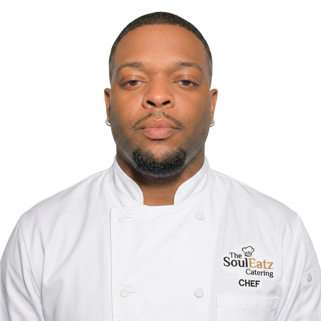 Chef Dejon Carter, founder of The Soul Eatz, wearing a white chef's coat.